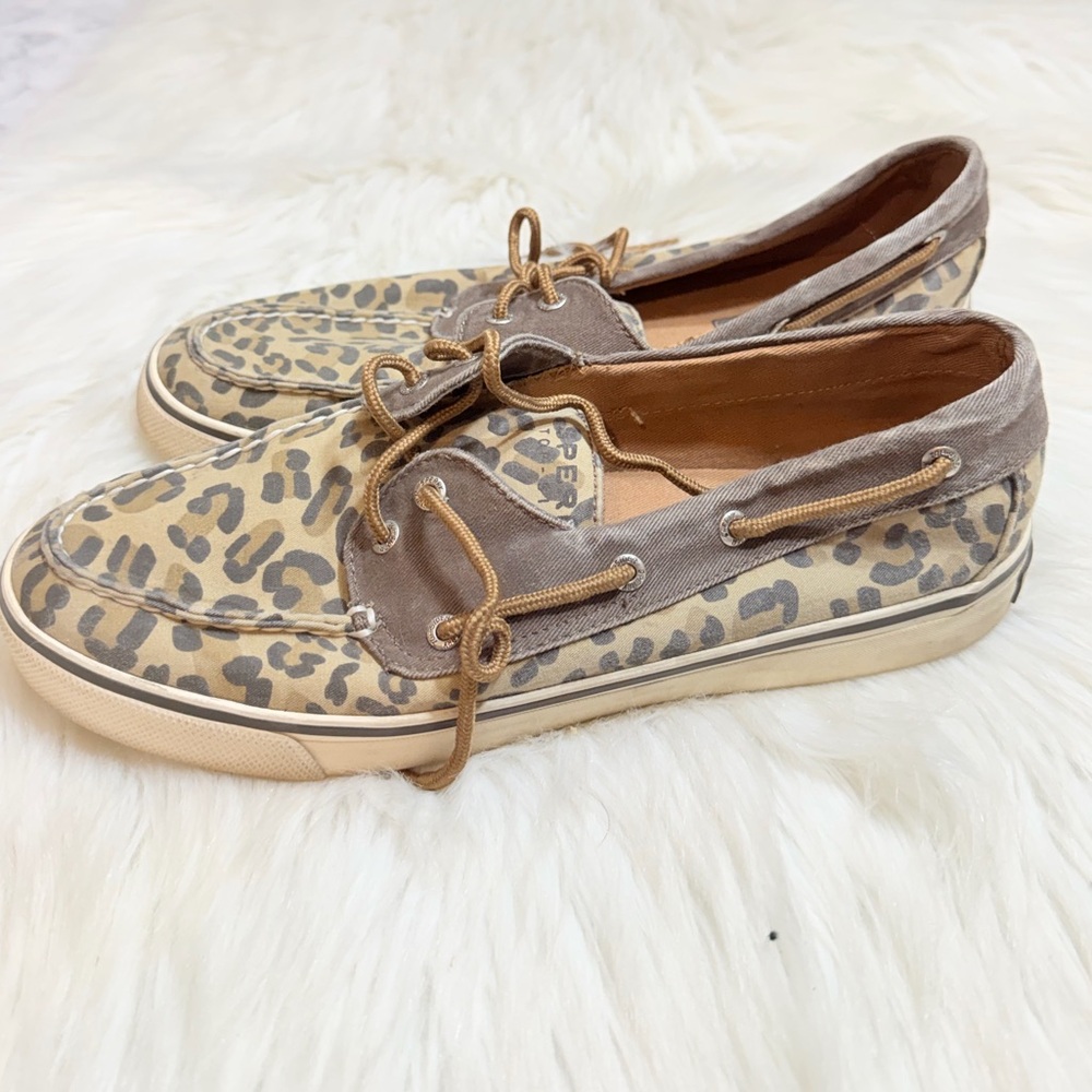 SPERRY TAN LEOPARD PRINT BOAT SHOES SLIDES FLATS Size 9.5